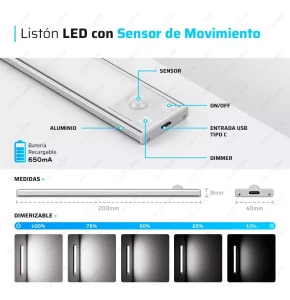 Aplique Liston Sensor Mov. 20cm Led 1w Recargable Dimer Color De La Luz Blanco Frío 7401