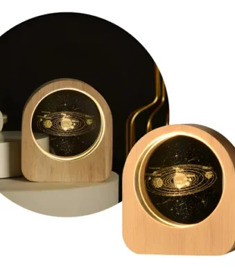 Lampara Cristal 3d Led Base Madera Lámpara Luz De Noche Usb