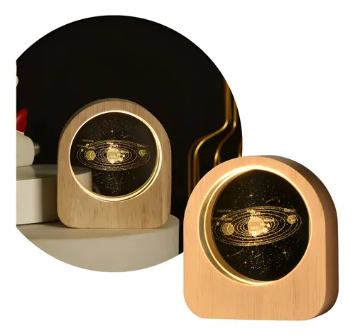 Lampara Cristal 3d Led Base Madera Lámpara Luz De Noche Usb