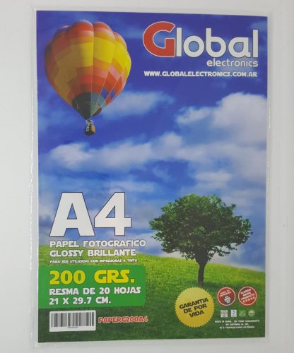 Papel Glossy en resma de 20 hojas A4 (210 x 297 mm.) de 200 Grs. - Global Electronics