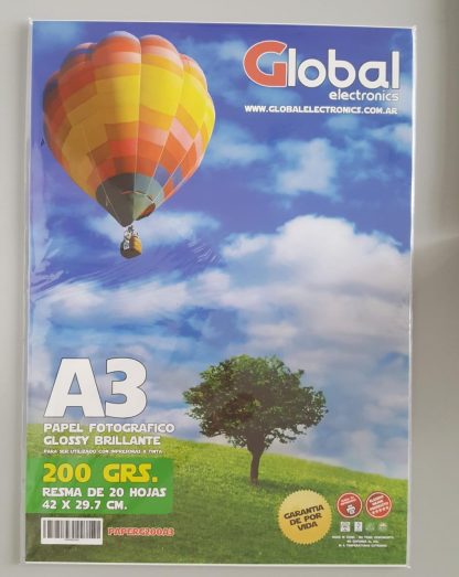 Papel Glossy en resma de 20 hojas A3 (420 x 297 mm.) de 200 Grs. - Global Electronics