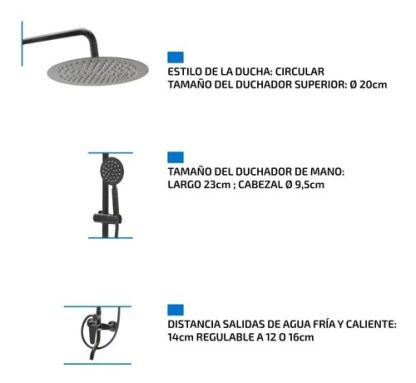 Set de ducha con duchador manual de diseño europeo y flor redonda grande negro BFA22002
