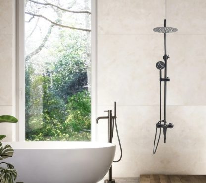 Set de ducha con duchador manual de diseño europeo y flor redonda grande negro BFA22002