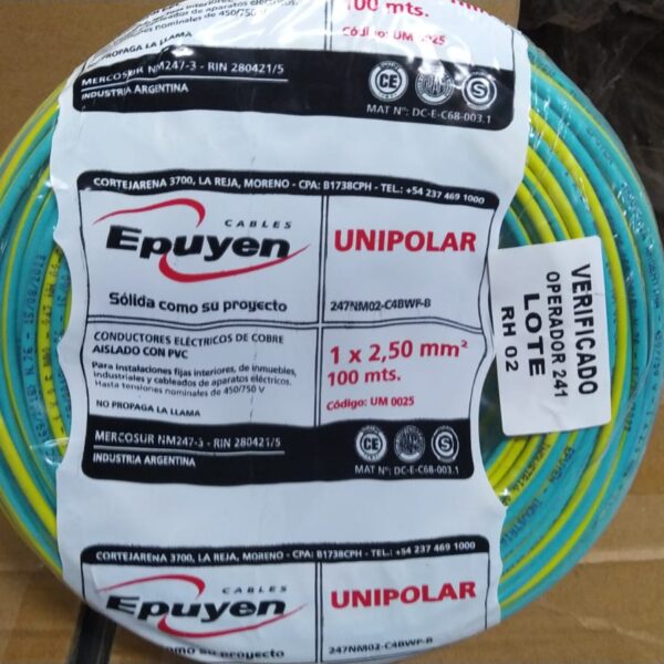 cable conductor unipolar cobre color verde/amarillo 1,5 mm rollo por 100m epuyen