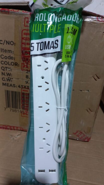 ZAPATILLA 5 TOMAS CON 2 PUERTOS USB 1.5M