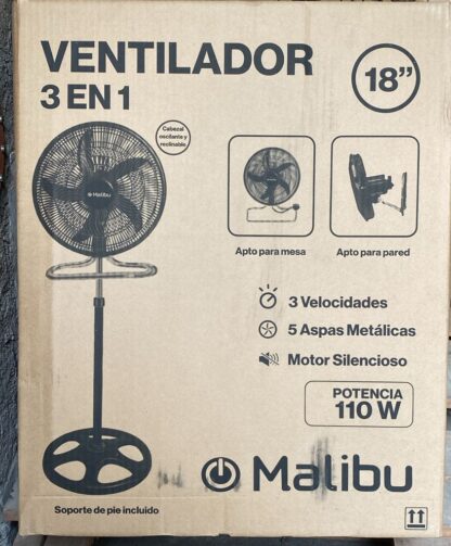 ventilador malibu 18" 3 en 1 pie pared turbo 5 aspas metalicas