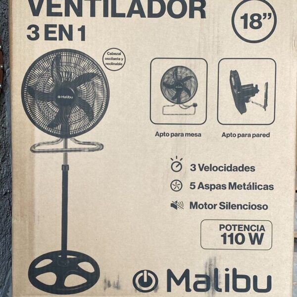 ventilador malibu 18" 3 en 1 pie pared turbo 5 aspas metalicas