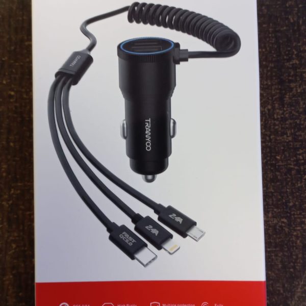 cargador de auto rapido metalico 30w  2 usb y 3 puntas tc-23 tranyco