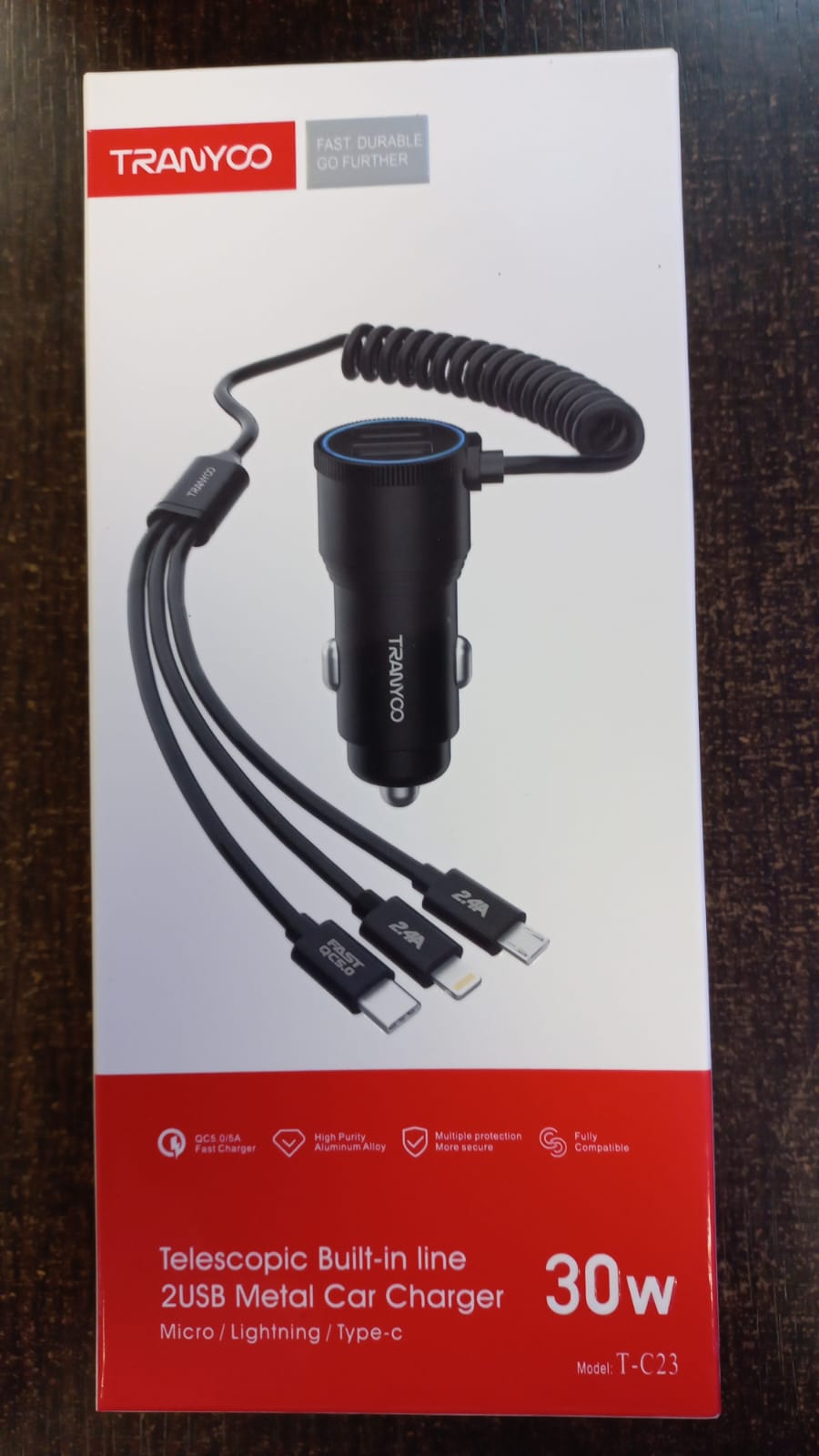 cargador de auto rapido metalico 30w 2 usb y 3 puntas tc-23 tranyco cargador de auto rapido metalico 30w 2 usb y 3 puntas tc-23 tranyco